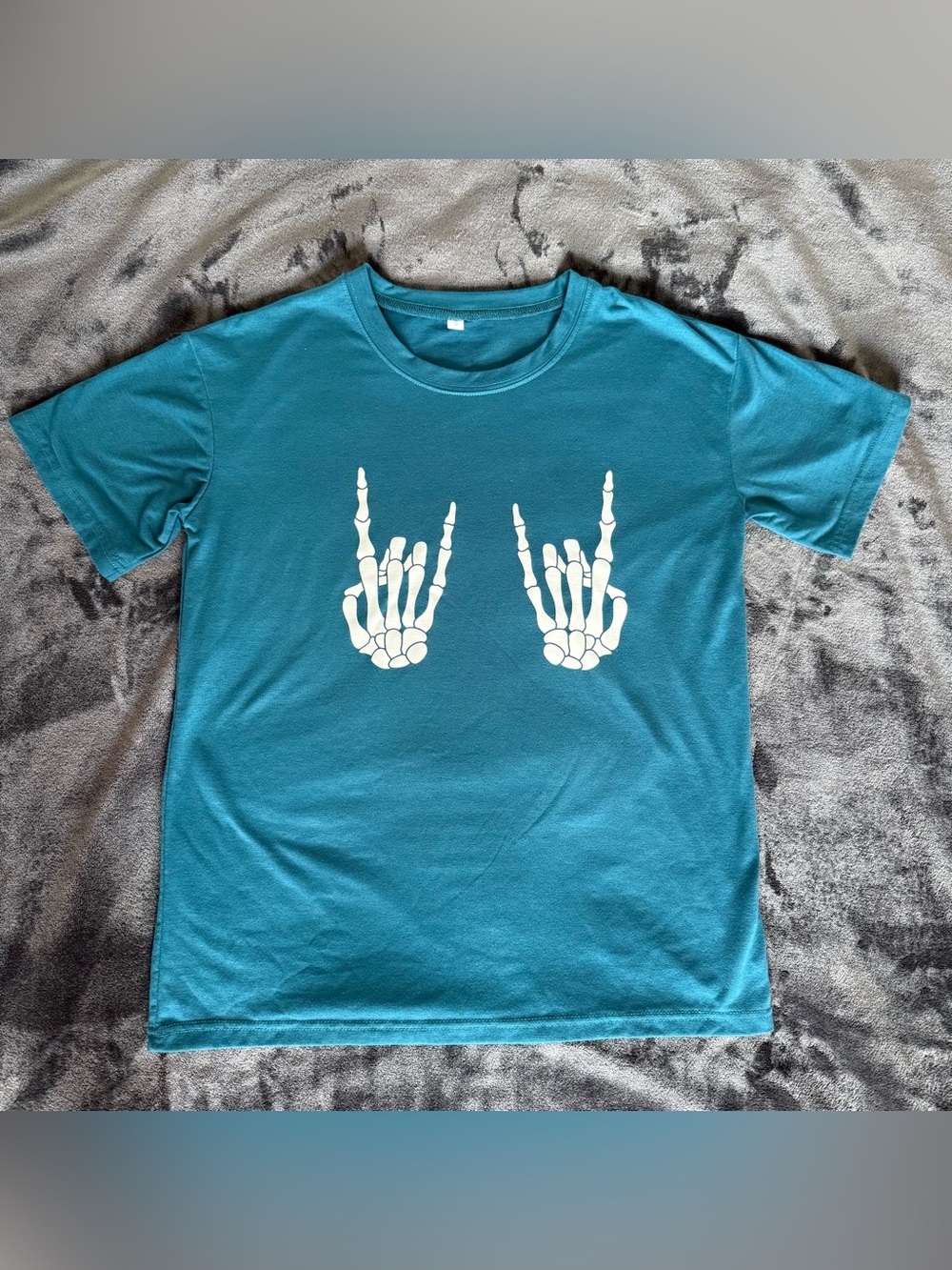 Women's Teal Short-Sleeve Tee with White Skeleton Hands Graphic